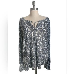 LUCKY BRAND Blue & White Scroll Floral Pattern Peasant Blouse | SZ XL